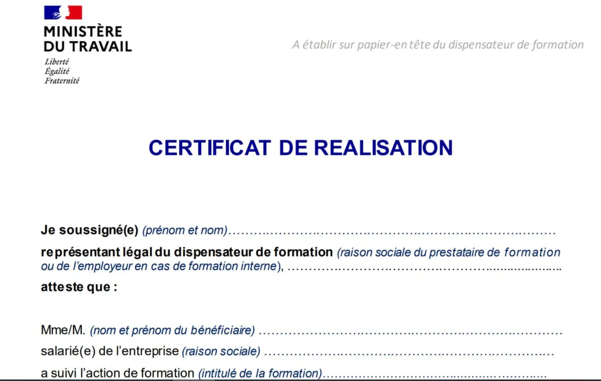 Certificat ou attestation de réalisation de formation