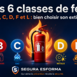 Les 6 classes de feux A, B, C, D, F et L, schéma utilisé en formation incendie